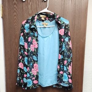 Notations Floral Sheer Blouse with Blue Underlayer
